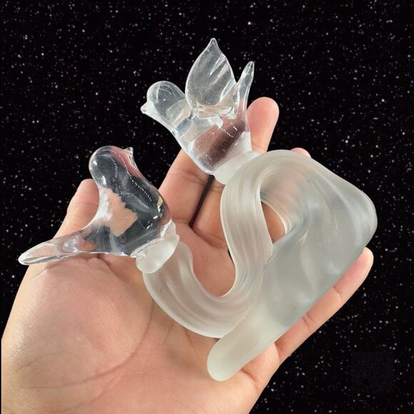 Vintage Art Glass Clear Love Bird Sculpture Figurine A Frosted Tree Branch Glass - Picture 2 of 11